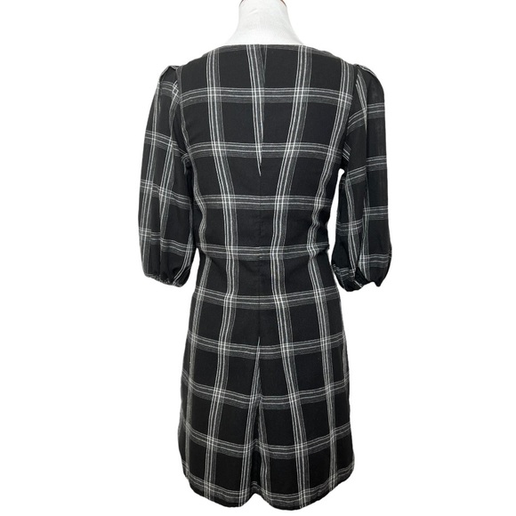 Free People Black Plaid V Neck Balloon Sleeve A Line Pleated Mini Shirtdress - Picture 4 of 14